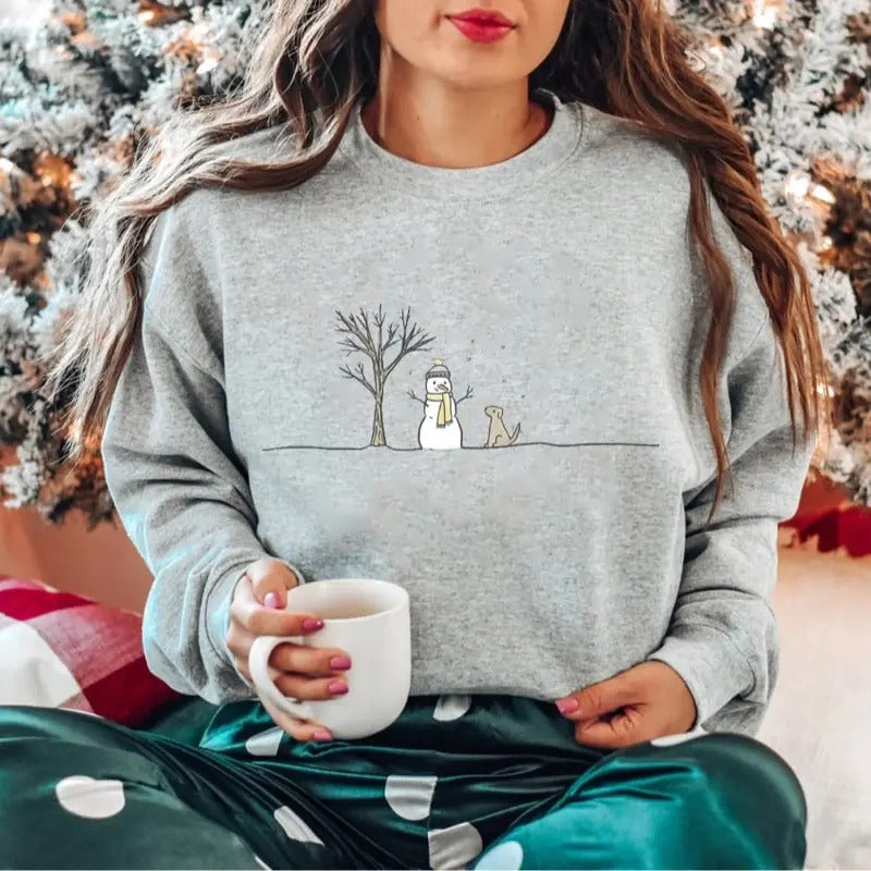 Christmas Snowman Sweatshirt, Cute Snowman And Dog Tee Shirt, Xmas Snowman Sweater, Winter Shirt, Holiday Gift Hoodie