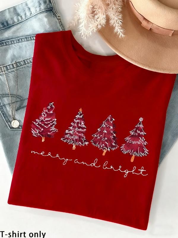 Christmas T-Shirt, Christmas Tree & Merry and Bright Text, Festive Casual Round Neck, Women's Versatile Fit, Holiday...