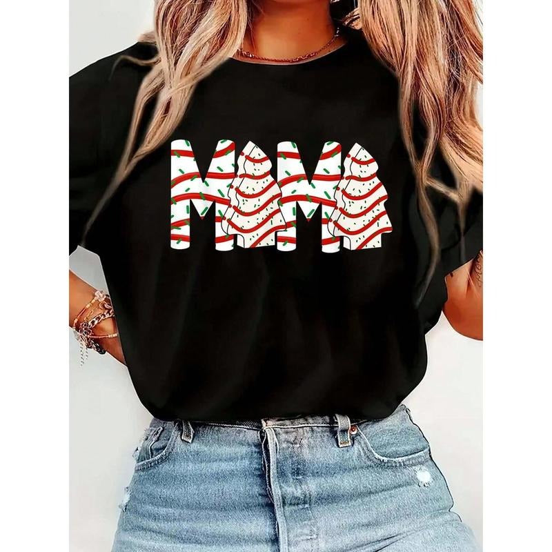 Christmas Tree Cake Mama Xmas Mom Family Matching Womens T-Shirt  Fashion Loose Casual Sports Summer Crew Neck Short...