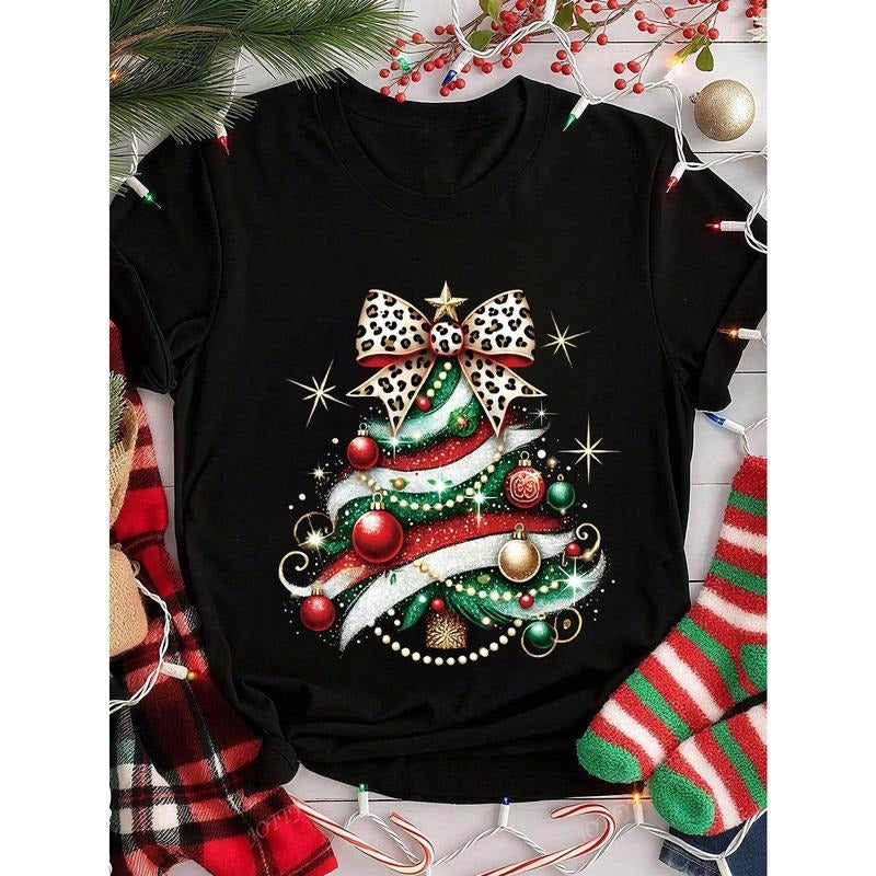 Christmas Tree Girly Sublimation T-Shirt Women's Casual Round Neck Short Sleeve Black Knitted Fabric Regular Fit Vacation...