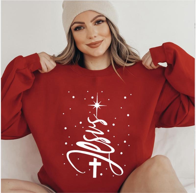 Christmas Tree Jesus Christian Cozy Crewneck Sweatshirt, Faith Cross Christmas Religion Gifts, Holiday Gifts Christian...