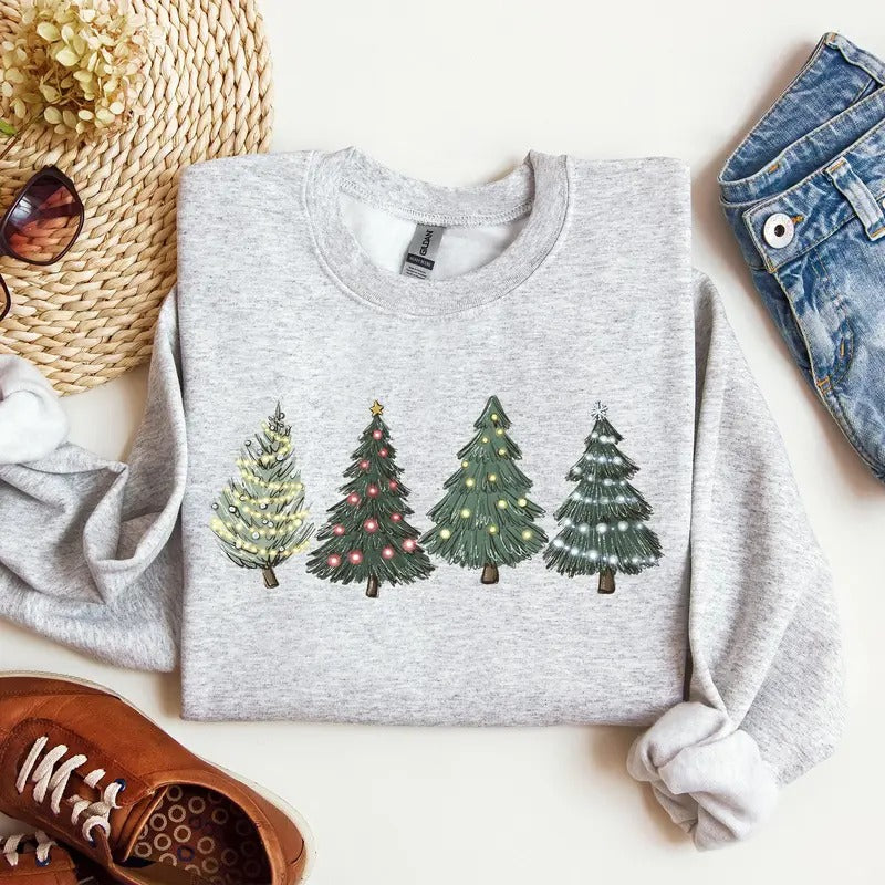 Christmas Trees, Winter, Snow, Santa Sweatshirt, Women's Crew Neck, Crewneck T-Shirts, Hoodie | HypeCrazeTee.com