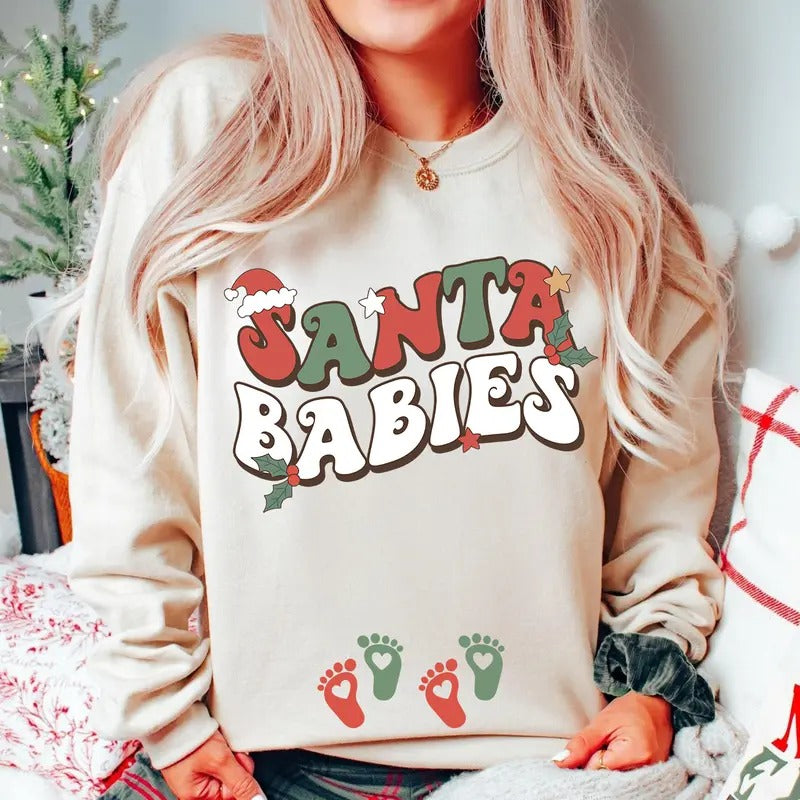 Christmas Twins Pregnancy Announcement Sweatshirt, Santa Babies Maternity Shirt, Baby Reveal Tee, New Mom Holiday Outfit...