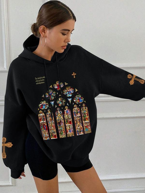 Church & Cross Print Hoodie Sweatshirt, Fashionable Women's Clothing, Comfortable and Stylish, Easy to Match Any,...