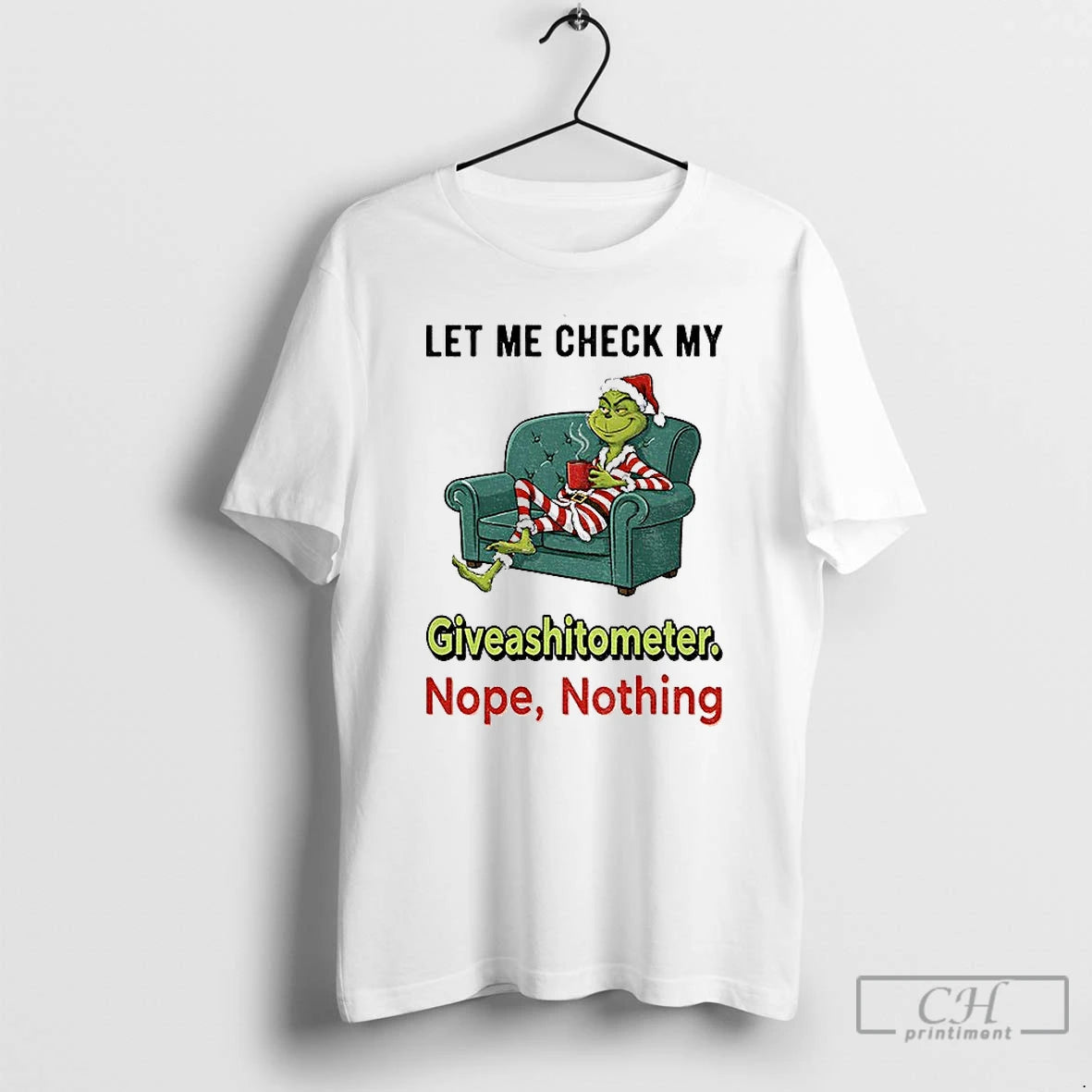 Classic Grinch Santa Let Me Check My Giveashittometer Nope Nothing Christmas T-Shirts, Hoodie, Sweatshirt | HypeCrazeTee.com
