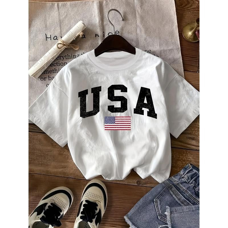 Classic USA Letter Print T-Shirt for Women - Vintage-Inspired, Breathable Polyester, Short Sleeve Crew Neck Casual Top