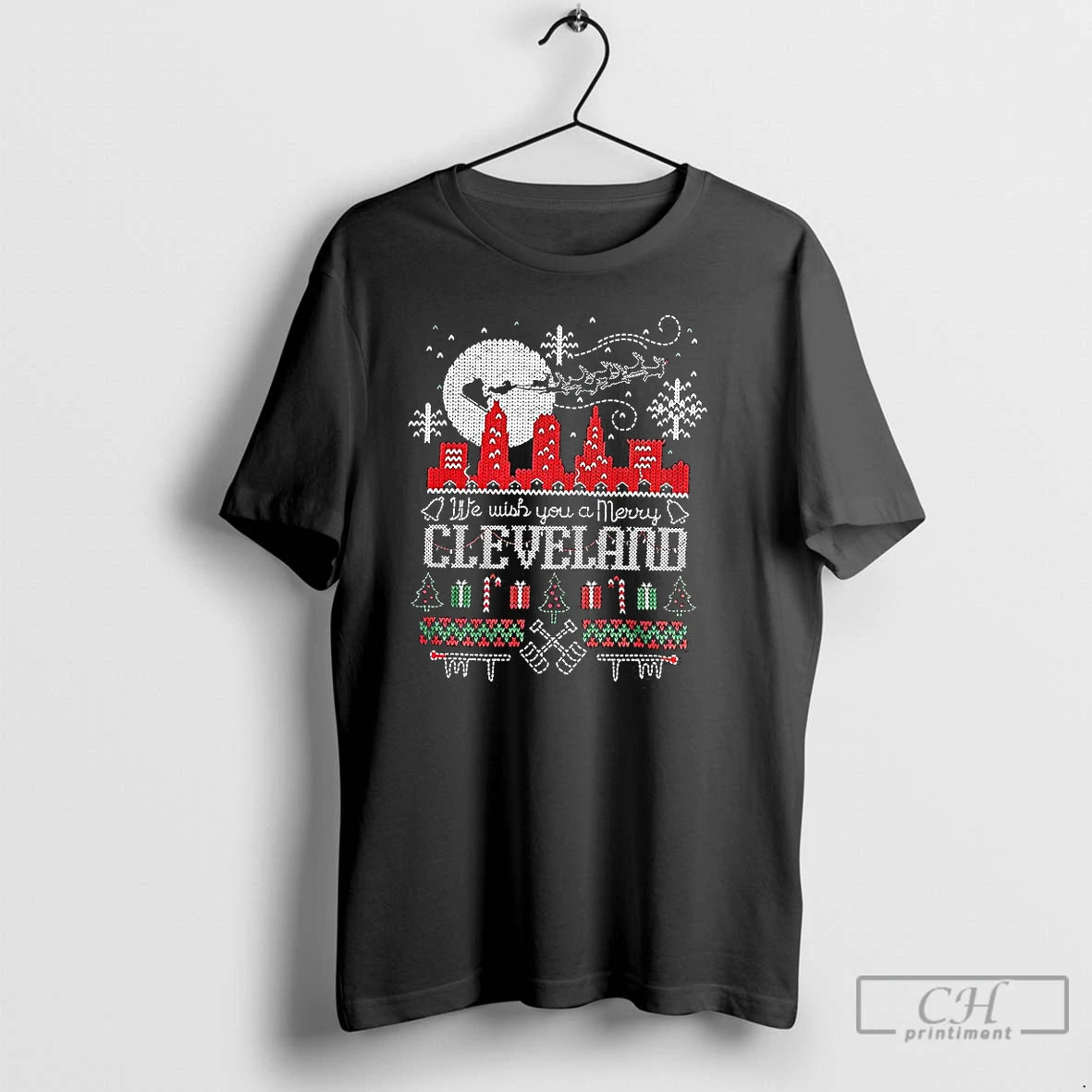 Classic We Wish You A Merry Cleveland Skyline Ugly Christmas T-Shirts, Hoodie, Sweatshirt | HypeCrazeTee.com