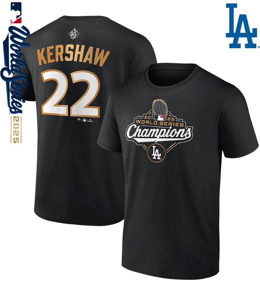 Clayton Kershaw Los Angeles Dodgers 2025 World Series Champions Name &amp; Number T-Shirt
