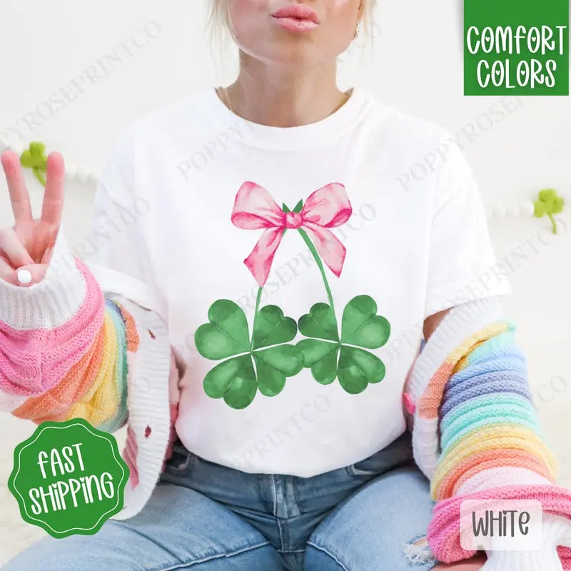 Clover Bow Shirt Comfort Colors, St Patrick's Day Women's Tee, Cute Women's Tshirt Hoodie, Sweatshirt | HypeCrazeTee.com