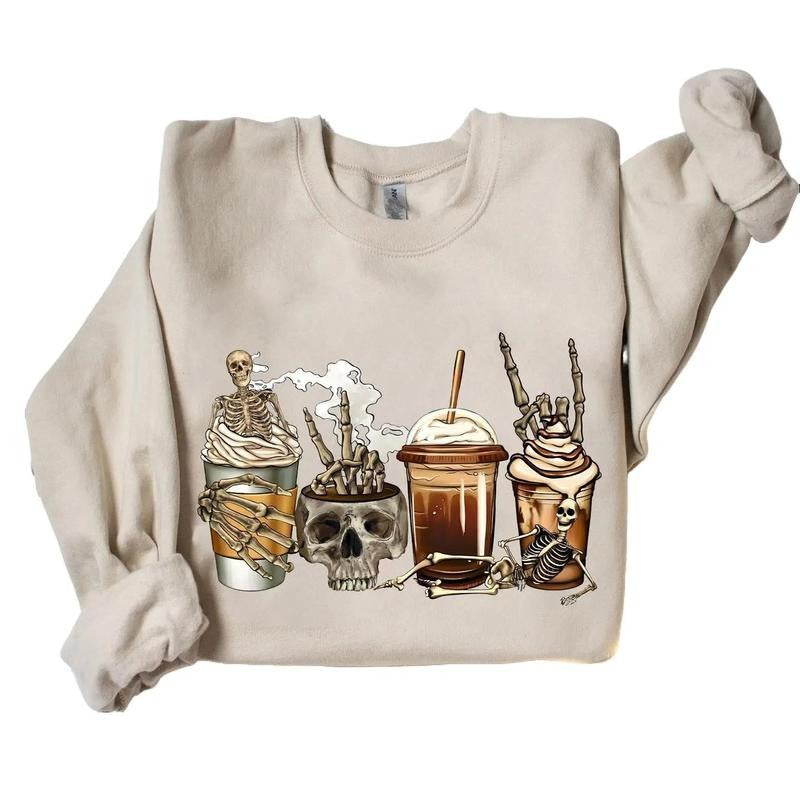 Coffee Skeleton Halloween Crewneck Sweatshirt Hoodie Tshirt, Halloween 2024 Gifts | HypeCrazeTee.com