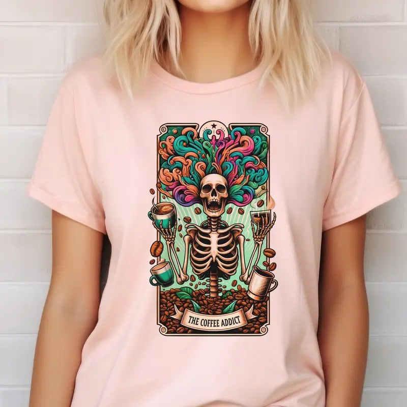 Coffee Tarot Tshirt The Coffee Addict Tee Coffee Addict Tarot T-Shirt Coffee Skull Tarot Top Tarot Skeleton Tees Coffee...
