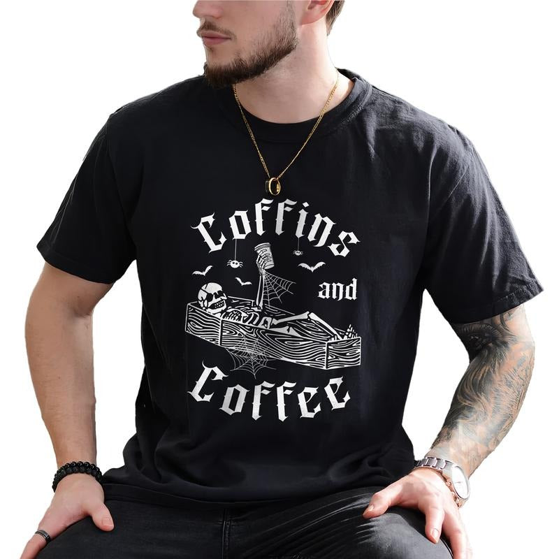 Coffins And Coffee Shirt, Funny Halloween Graphic Printed Tee, Coffee Lovers Shirt, Funny Skeleton Unhinged Tee,...