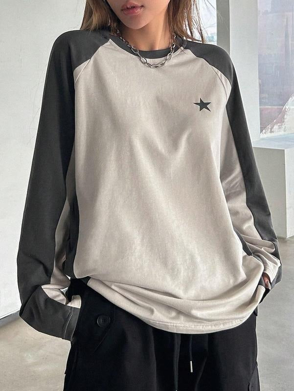 Color Block Crew Neck Star Graphic Raglan Shirt Loose Long Sleeve Tee Top Hoodie, Sweatshirt | HypeCrazeTee.com