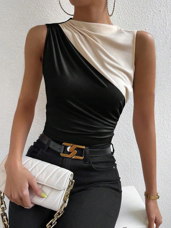 Colorblock Ruched Mock Neck Tank Top Sleeveless Slim Fit Work Shirt TopsY2K Hoodie, Sweatshirt | HypeCrazeTee.com