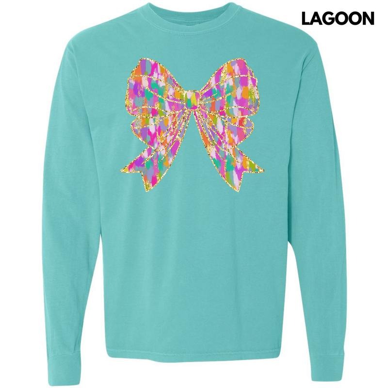 Colorful Brushstroke Bow Long Sleeve Comfort Colors T-Shirt 'NLB' Hoodie, Sweatshirt | HypeCrazeTee.com
