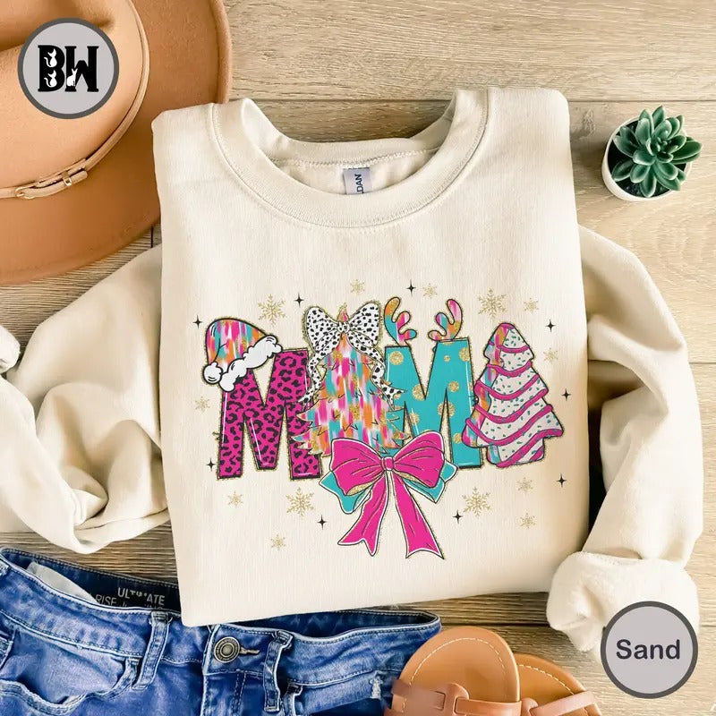 Colorful Coquette Glitter Christmas Mama Sweatshirt, Christmas Tree Cake Sweatshirt, Bright Color Christmas Sweatshirt,...