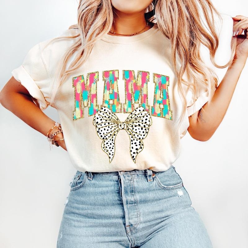 Colorful Coquette Mama T-Shirt, Gift for Mom, Bright Color Mama Coquette Bow Dalmatian Dots, brushstroke, Mama Varsity...