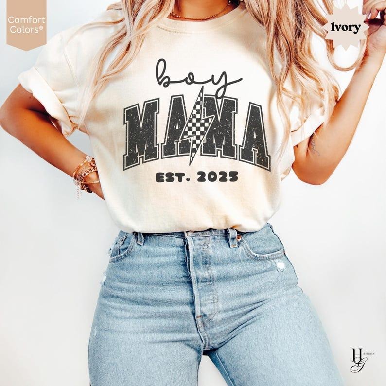 Comfort Colors Boy Mom Custom Est Date New Mama Lighting Bolt Shirt T-Shirts, Hoodie, Sweatshirt