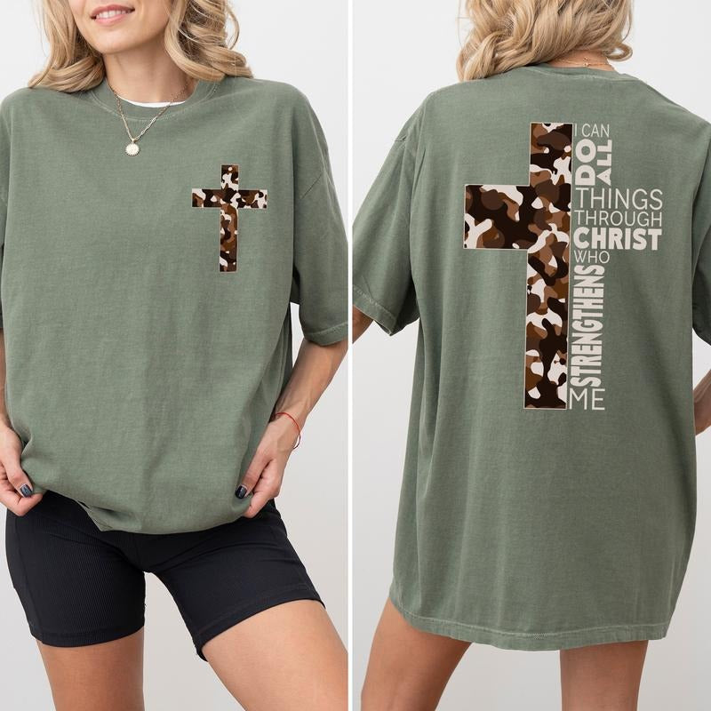 Comfort Colors Camo Christian Cross Shirt 2-Sided, I Can Do All Things Through Christ T-shirt, Unisex Hunting Tees, Bible...