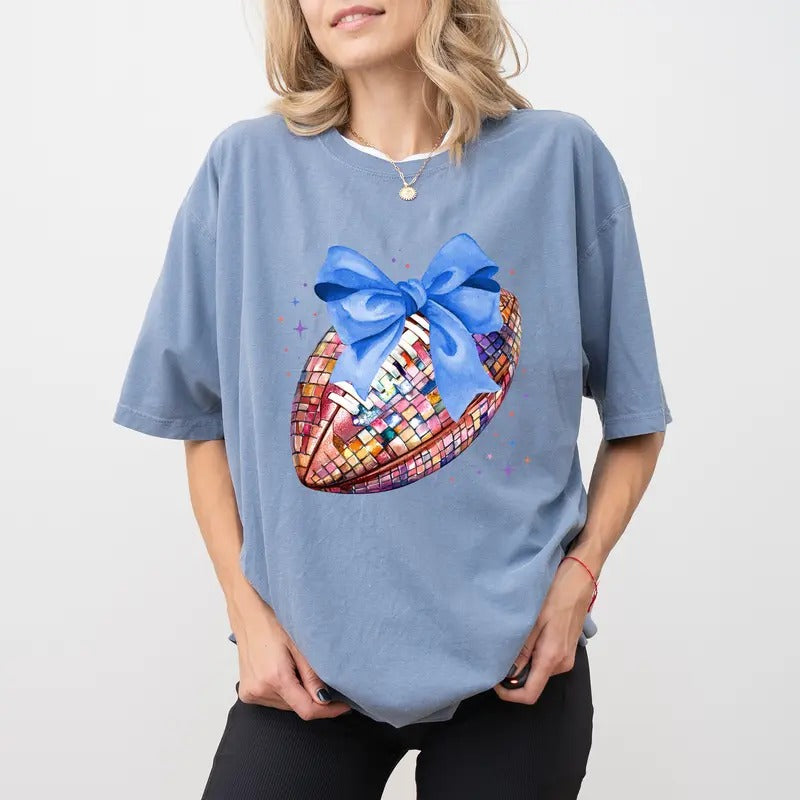 Comfort Colors Custom Coquette Bow Football Shirt, Cheerleading Graphic Printed Tees, Cheerleader Tshirt for Women, Girly...