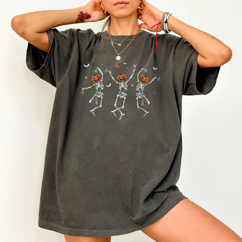 Comfort Colors Dancing Pumpkin Skeleton Shirt, Spooky Skeletons Halloween Tshirt, Funny Dancing Skeleton Shirt, Happy...