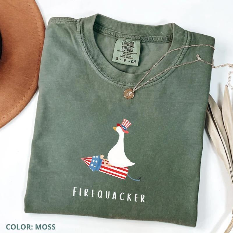 Comfort Colors Funny Fourth of July Shirt, Firequacker Goose Tee, USA Comfort Colors Patriotic Women Oversized T-Shirt,...