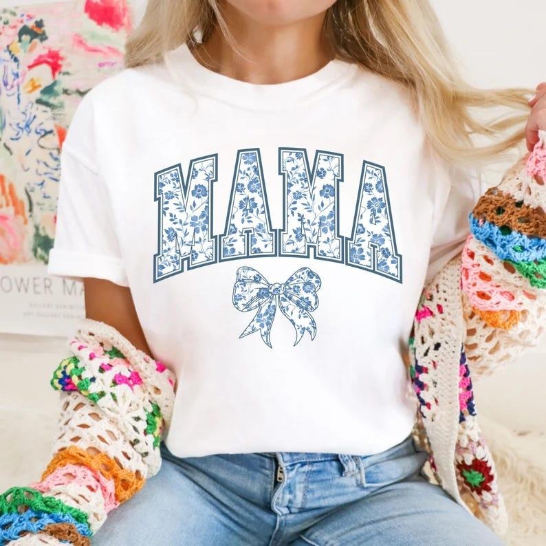 Comfort Colors Mama Shirt, Blue Ribbon Shirt, Mothers Day Gift, Girly Aesthetic Gift For Mom, Cute Mom Shirt Hoodie,...