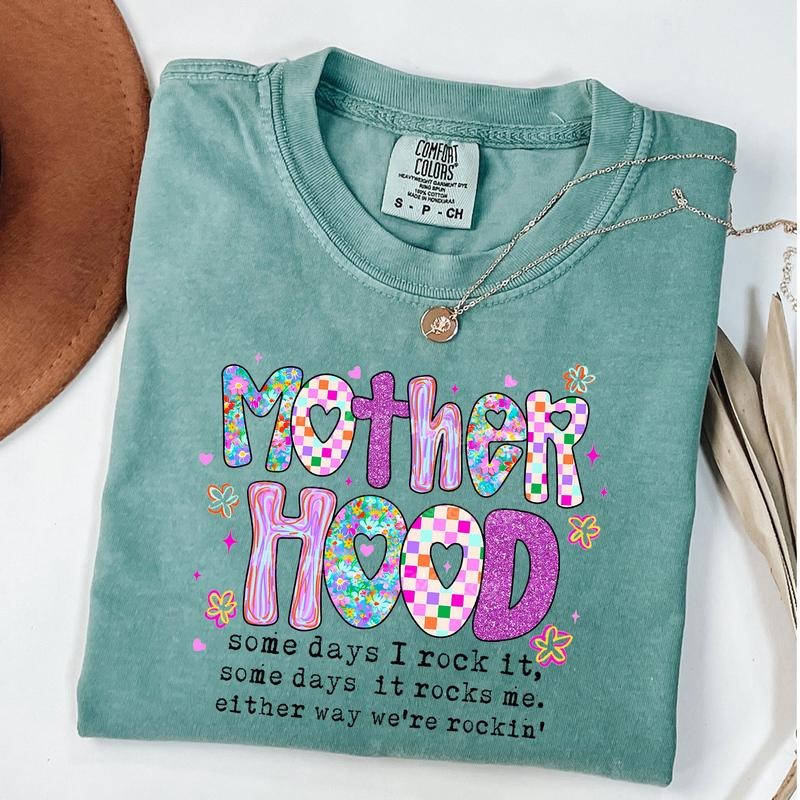 Comfort Colors Motherhood Coquette Bow Checker Shirt, Neon Mother Hood T-Shirt, Funny Mom Tee, Sarcastic Mama Retro...