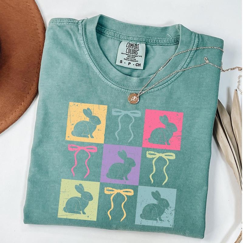 Comfort Colors Retro Checkered Easter Shirt Easter Coquette Bow Happy Easter Day T-Shirts, Hoodie, Sweatshirt