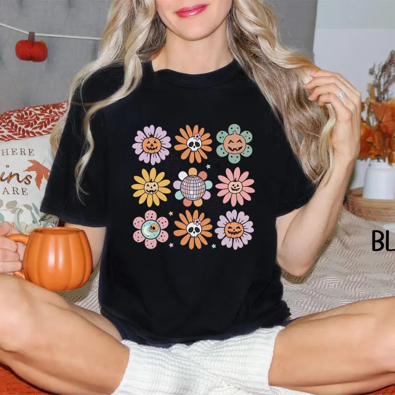 Comfort Colors Retro Halloween Shirt, Boho Cottagecore T-Shirts, Thanksgiving T Shirt, Oversized Trendy Fall Tee, Groovy...