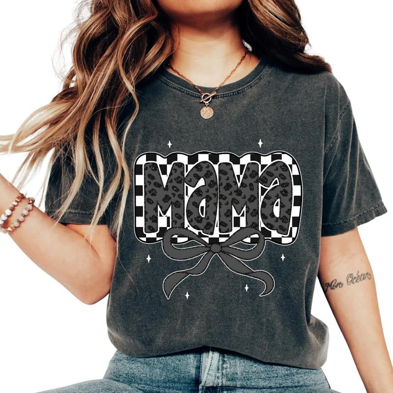 Comfort Colors Retro Mama Checkered Bow T-Shirt, Coquette Leopard Print Mama Shirt, Cute Mother's Day Gift, Vintage...