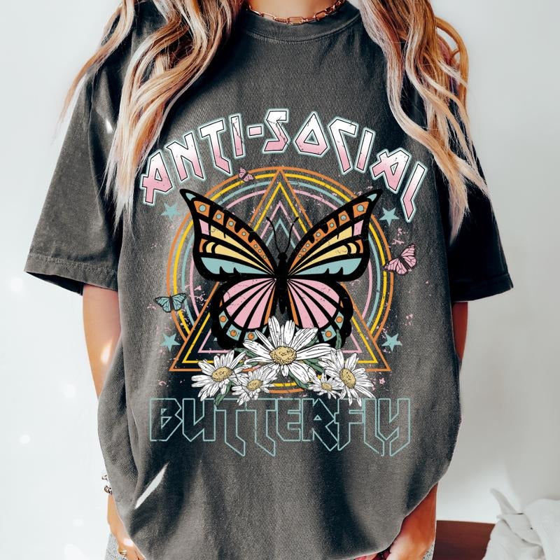 Comfort Colors Shirt, Anti-Social Butterfly T-shirt, Womens T-shirt Oversized, Womens Graphic Tee, Comfort Cotton...