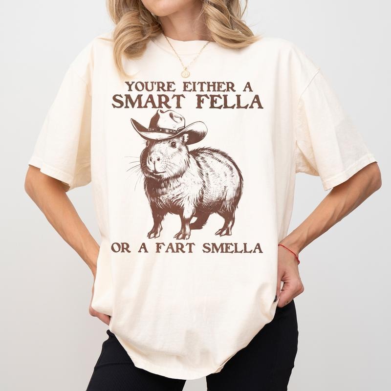 Comfort Colors Smart Fella Capybara Shirt, Funny Cowboy Capybara Tshirt, Western Rodeo Fart Smella Meme Tee, Retro Y2k...