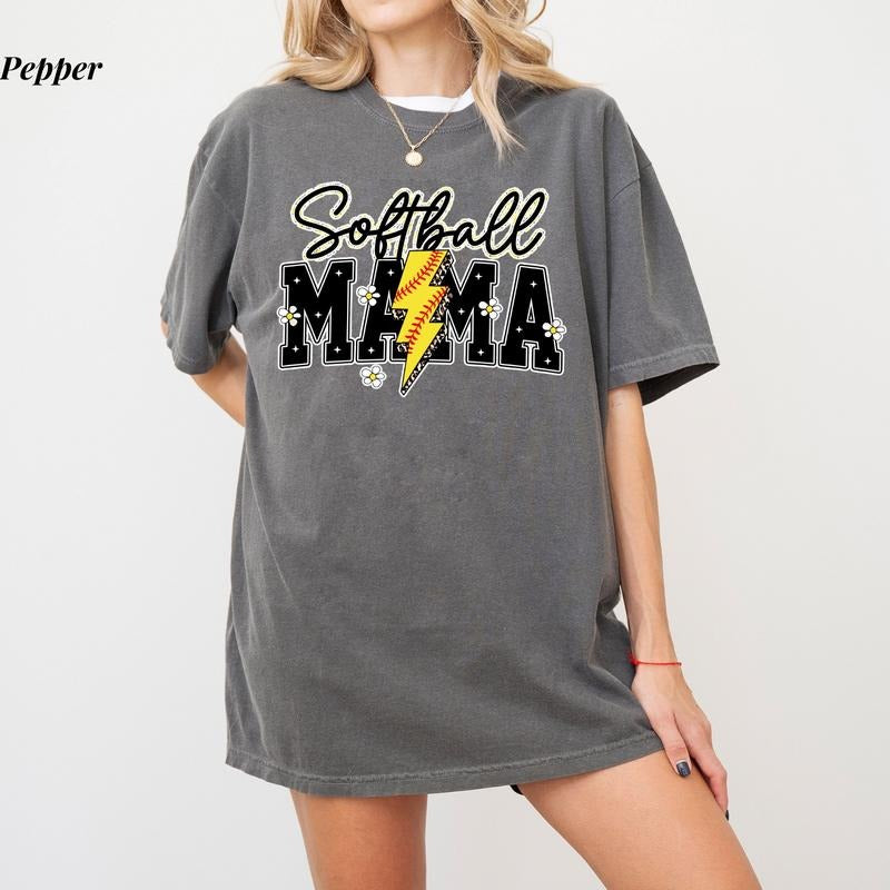 Comfort Colors Softball Mama Varsity T-Shirt, Lightning Bolt Softball Shirt, Mother's Day Gift for Sports Mom, Ultra Soft...