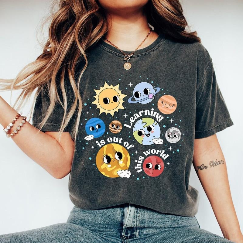 Comfort Colors Solar System Teacher Shirts, Learning Is Out Of This World, Cute Outer Space Science Teacher Tee, Back To...