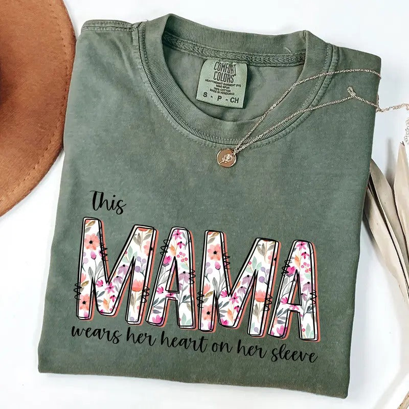 Comfort Colors This Mama Wears Her Heart on Her Sleeve Shirt, Retro Mama Floral T-Shirt, Mother's Day Gift, Gift for New...