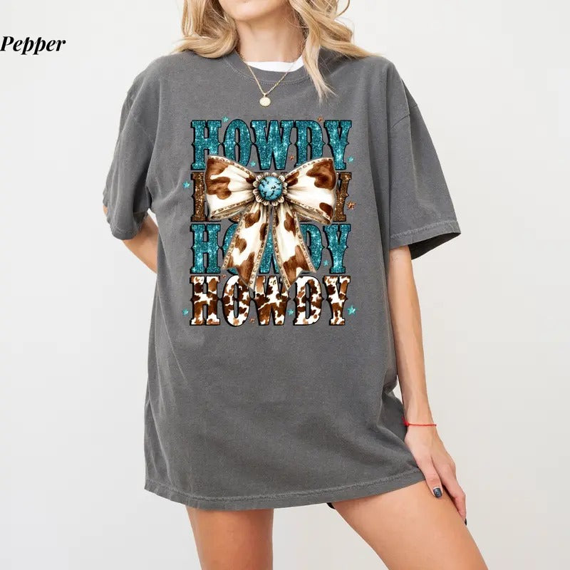 Comfort Colors Western Coquette Howdy T-Shirt, Turquoise Cowhide Design, Western Mama Tee, Cowgirl Style Shirt, Casual...