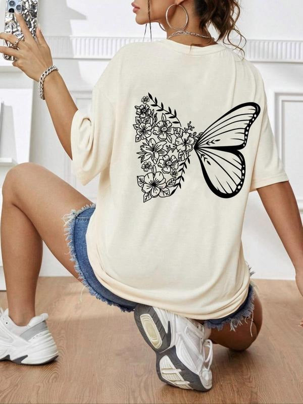 Comfort Colors Women's Butterfly Print Round Neck Drop Shoulder Tee for Summer, Casual Crew Neck, Fashion Casual T-Shirt...