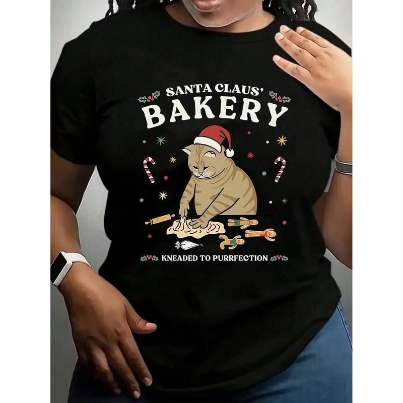 Comfortable Christmas Cat Bakery Print Casual Tee - Women's Polyester Blend Crew Neck T-Shirt