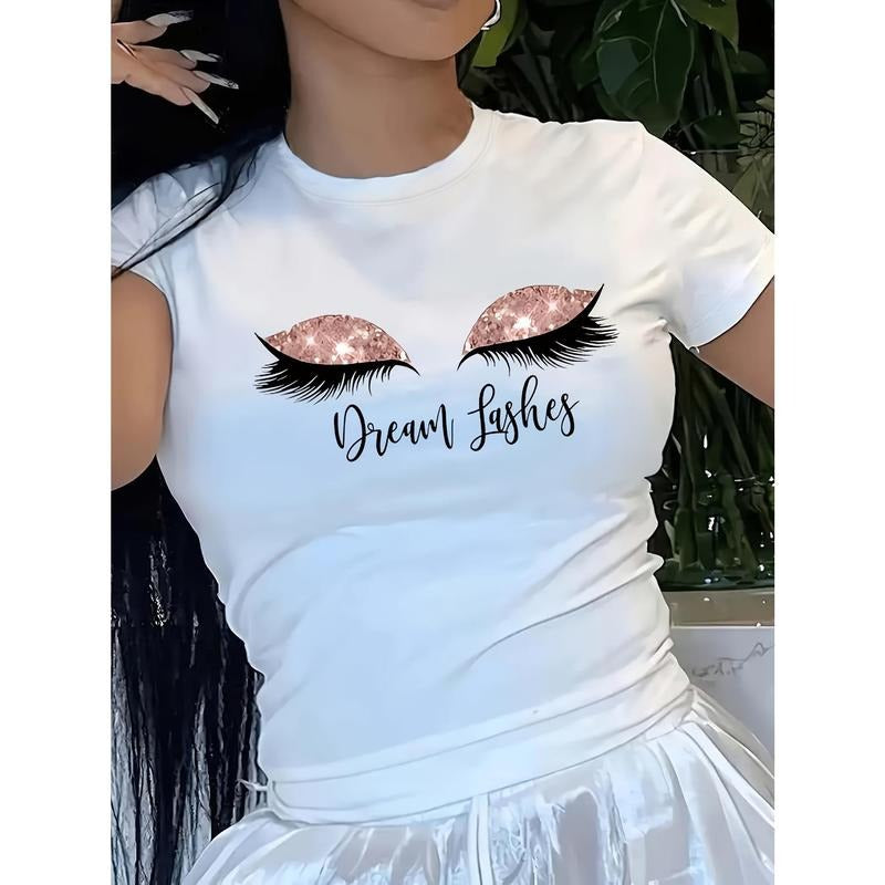 Comfy Women's Crew Neck Short Sleeve Eyelash Print T-shirt for Summer & Spring, Casual Top Hoodie, Sweatshirt