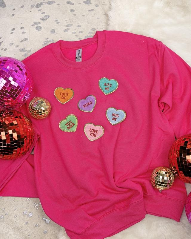 Conversation Heart Chenille Patch Unisex Sweatshirt T-Shirts, Hoodie | HypeCrazeTee.com