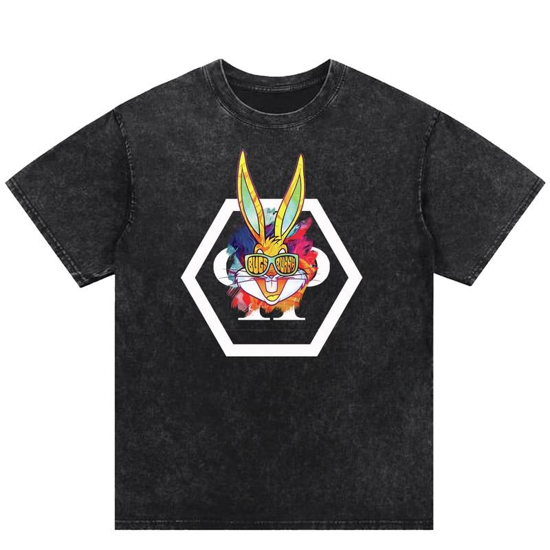 Cool Bunny Print Washed T-Shirt: Rock the American Street Fashion Hoodie, Sweatshirt | HypeCrazeTee.com