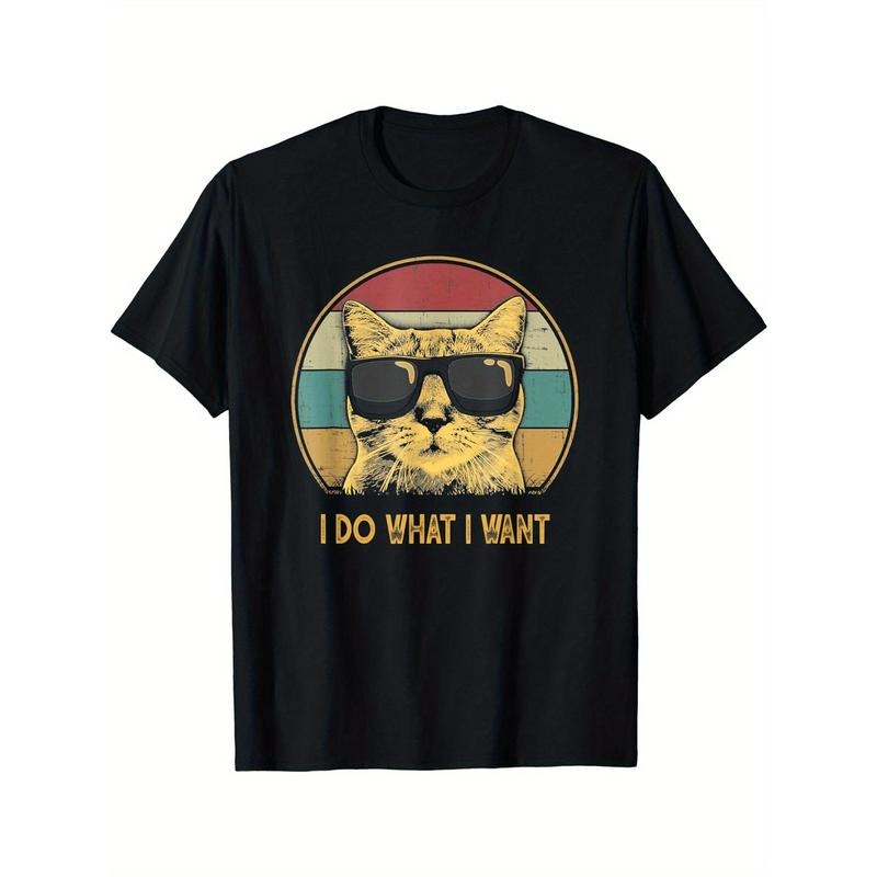 Cool Cat With Sunglasses And Letter Print Men's Crew Neck Fashionable Short Sleeve Sports T-shirt, Comfortable And...