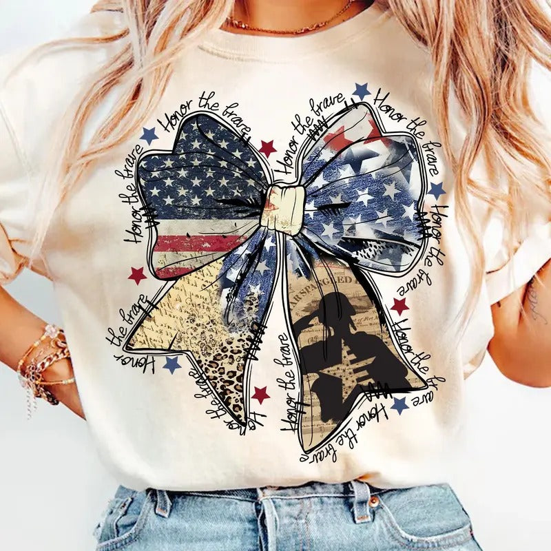 Coquette American Flag Shirt for Women Honor the Brave 4th of July Freedom Bow Unisex Premium Hoodie, Sweatshirt