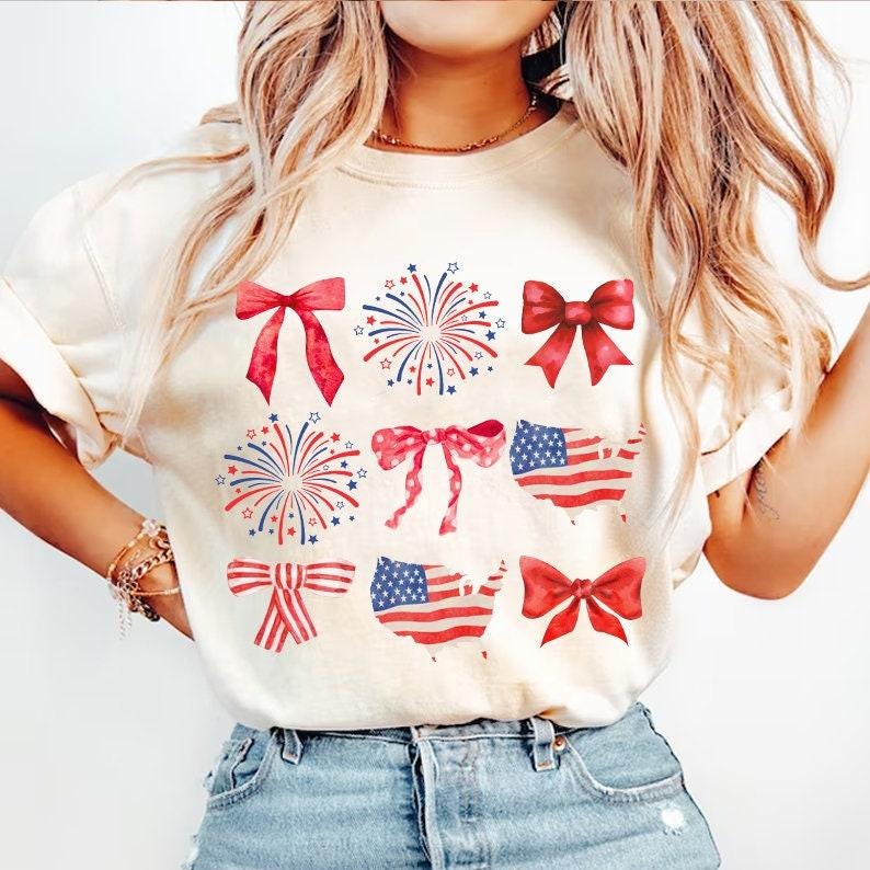 Coquette American Flag Tshirt, Coquette Bow Shirt, 4th Of July Gift, America Flag, Coquette American Girl Shirt, Unisex...