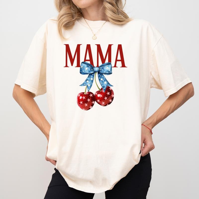 Coquette American Mama Comfort Colors Shirt, Proud Mom T-shirt, Cherry Mama Graphic Tee, 4th Of July Mom Clothing, Gift...
