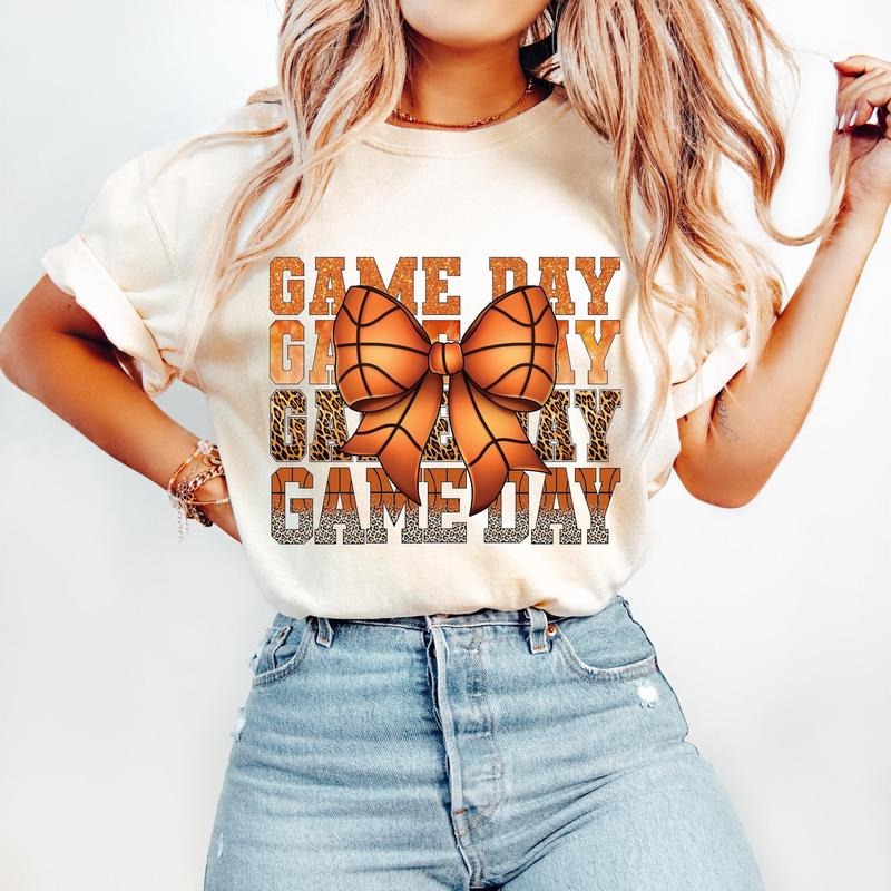 Coquette Basketball T-Shirt, Game Day Basketball T-Shirt, Basketball Mama Bow T-Shirt, Glitter, Leopard Print, Basketball...