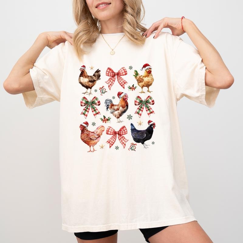 Coquette Bow Chickens T-shirt Comfort Colors, Cute Christmas Farm Animals Tshirt, Xmas Chicken Shirt, Farm Girl Tee, 2024...