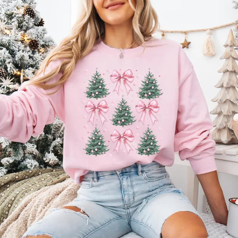 Coquette Bow Christmas Sweatshirt, Christmas Tree Shirt, Christmas Sweatshirt, Girly Christmas Sweater, Coquette Bow...