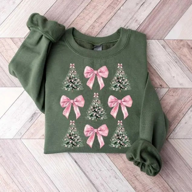 Coquette Bow Christmas Sweatshirt, Christmas Tree Sweatshirt, Christmas Sweatshirt, Girly Christmas Sweater, Coquette Bow...